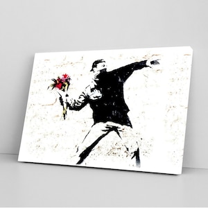 Banksy &quot;Flower Molotov&quot; Canvas Wall Art, Urban Street Art, Banksy Print, Graffiti Art Canvas, Banksy Framed, Apartment Decor, Banksy Art