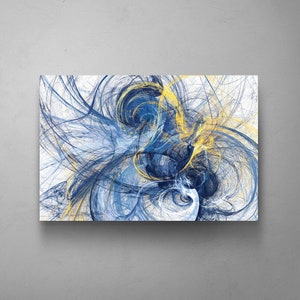 May include: Abstract art print featuring swirling lines in shades of blue and yellow against a white background. The artwork has a dynamic, energetic feel, with a focus on movement and color. The canvas is rectangular and mounted on a gray wall.