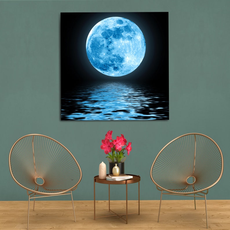 Full Blue Moon Over Water With Reflections  Painting On image 2