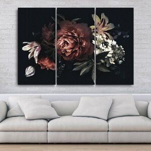 Floral Vintage | Canvas With Flowers | Peonies Wall Decal | Tulips Drawing | Lily Decor | Hydrangea Art | Prints Wall Art | Black Background 3 Panels