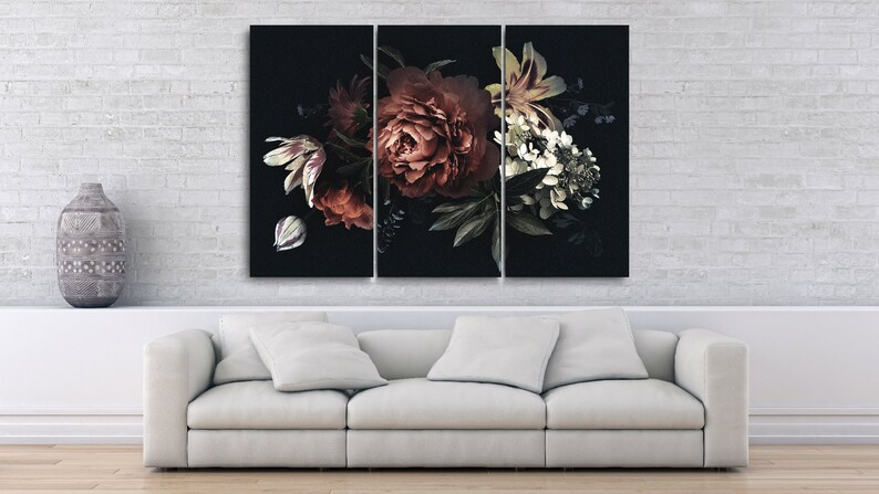 Floral Vintage | Canvas With Flowers | Peonies Wall Decal | Tulips Drawing | Lily Decor | Hydrangea Art | Prints Wall Art | Black Background 3 Panels