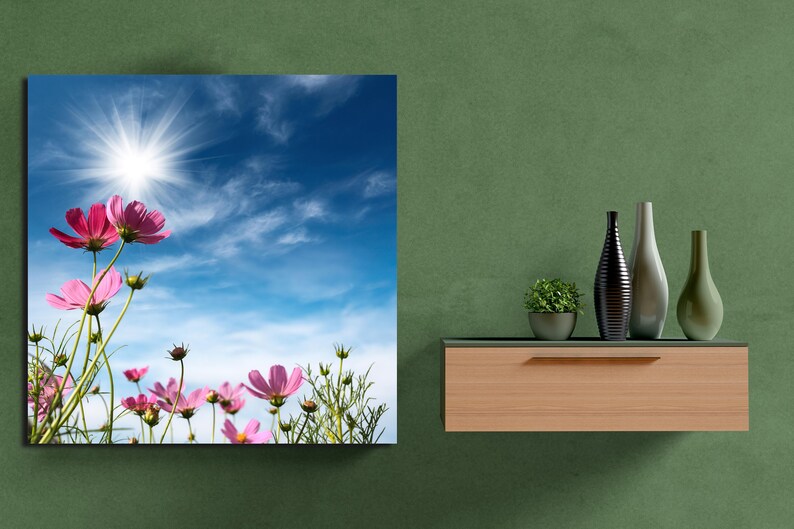 K&ouml;nnte beinhalten: Quadratischer Leinwanddruck mit rosa Kosmosbl&uuml;ten vor strahlender Sonne und blauem Himmel. Das Kunstwerk h&auml;ngt an einer gr&uuml;nen Wand, mit dekorativen Vasen und einer kleinen Pflanze auf einem Holzregal.