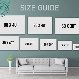 May include: A size guide displays canvas print dimensions in inches: 60x40, 36x48, 60x30, 30x40, 24x36, 20x30, 16x24, and 11x14. The text "SIZE GUIDE" is at the top. A sofa and plant are in the foreground.