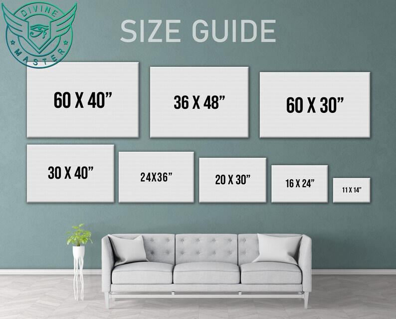 May include: A size guide displays canvas print dimensions in inches: 60x40, 36x48, 60x30, 30x40, 24x36, 20x30, 16x24, and 11x14. The text "SIZE GUIDE" is at the top. A sofa and plant are in the foreground.