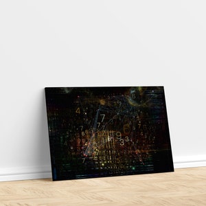 Pu&ograve; includere: Stampa su tela d'arte astratta con una complessa rete di numeri e linee in tonalit&agrave; di verde, giallo e rosso su sfondo scuro. L'opera d'arte &egrave; appoggiata a una parete bianca su un pavimento in legno.