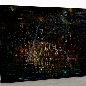 Peut inclure: Toile d'art abstrait représentant un réseau complexe de chiffres et de lignes en noir, marron et or. L'œuvre d'art présente un fond sombre et texturé avec divers chiffres et formes géométriques, créant une sensation de profondeur et de complexité.