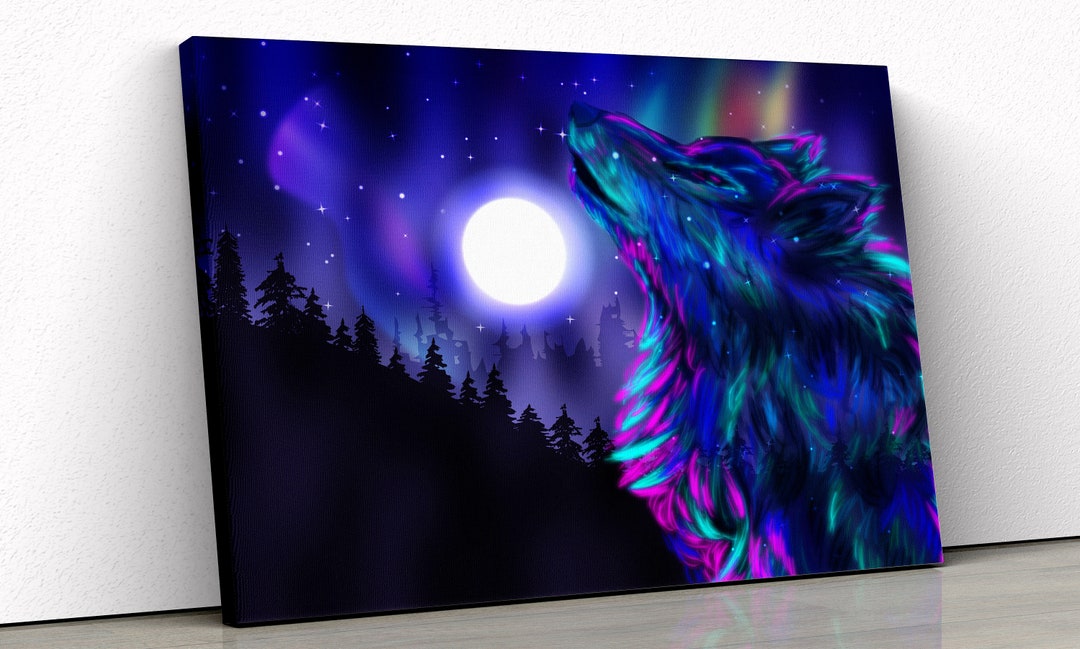 Howling Wolf in the Forest by the Moonlight Canvas Wall Art Etsy Israel