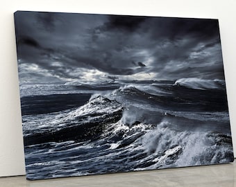 Storm At Sea | Landscape Painting | Stormy Wall Art | Black And White Waves | Stormy Skies | Rain Wall Decor | Atlantic Ocean Nature Prints