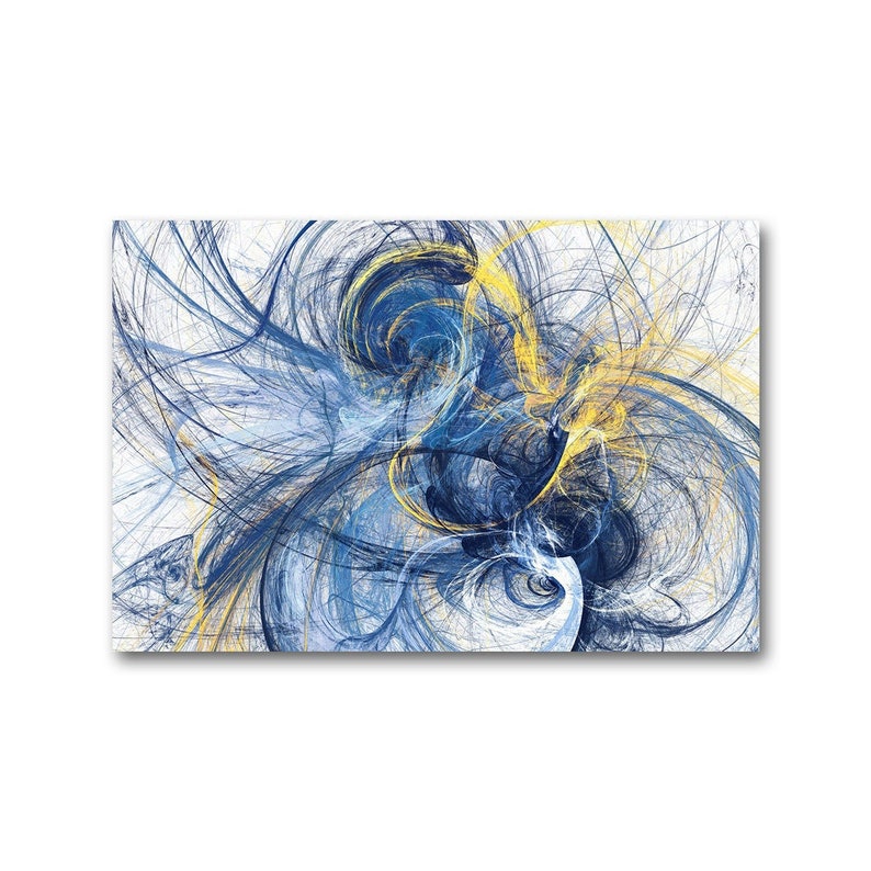 May include: A rectangular wall art print featuring a complex abstract design of swirling, thin lines in shades of deep navy blue, light blue, and bright yellow against a stark white background, creating a sense of layered motion.