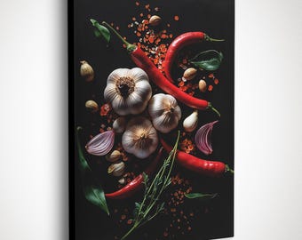 Red Chili, Pepper, Garlic Kitchen Canvas Art Print | Food Photography Modern Kitchen Decor | Restaurant Wall Art