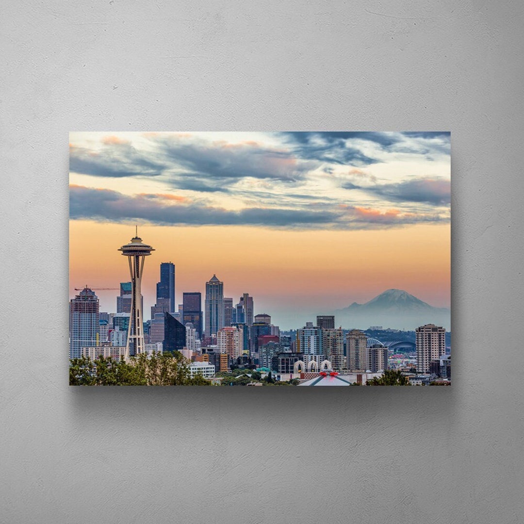SEATTLE WALL ART, Seattle Skyline Space Needle, Sunset Mountain