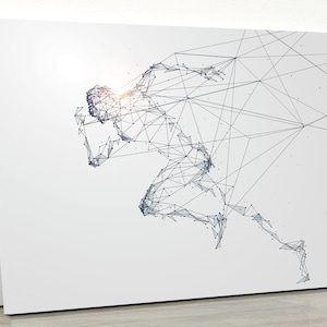 May include: Abstract digital art print of a runner in motion, created with a network of lines and dots. The runner is depicted in a dynamic pose, with their arms outstretched and legs in mid-stride. The artwork is rendered in shades of blue and gray against a white background.