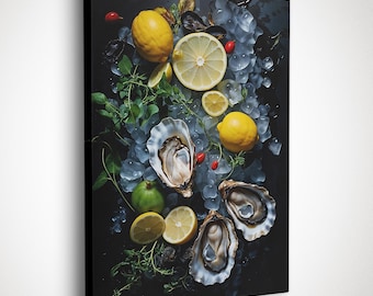 Lemon Oyster Kitchen Canvas Art Print | Coastal Food Photography Modern Kitchen Decor | Modern Dining Room Wall Decor | Chef Gift