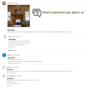 Pu&ograve; includere: Immagine che mostra recensioni dei clienti con un sistema di valutazione a cinque stelle. Il testo recita "Cosa dicono i clienti di noi" e include feedback positivi sulla qualit&agrave; delle opere d'arte, il servizio clienti e la spedizione veloce.