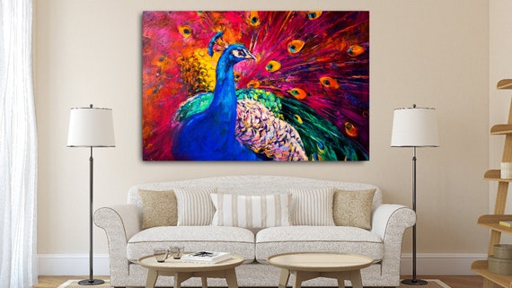 Multicolored Peacock Painting On Canvas Modern Art | Etsy