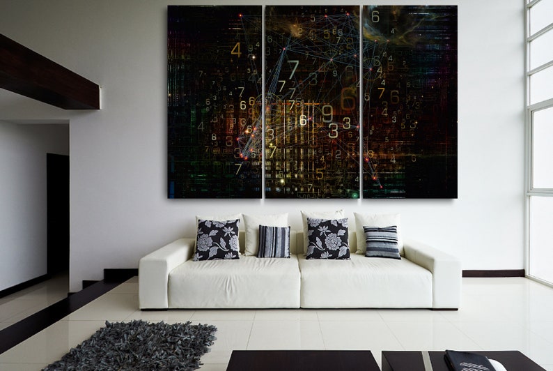Pu&ograve; includere: Stampa su tela di arte digitale astratta in tre pannelli, con una complessa rete di numeri e linee in tonalit&agrave; di verde, giallo e rosso su sfondo scuro. L'opera d'arte &egrave; esposta sopra un divano bianco con cuscini decorativi.