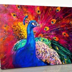 May include: A vibrant oil painting of a peacock with its feathers spread out in a colorful display. The peacock's body is blue, its feathers are green, yellow, and red, and its eyes are a bright orange.