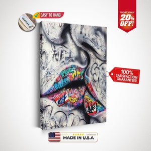 Kiss Graffiti Canvas, Graffiti Art Canvas, Kissing Couple Canvas Art Print, Large Canvas Wall Art, Room Decor,Printable Holiday Gift for him