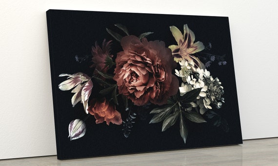 Floral Vintage | Canvas With Flowers | Peonies Wall Decal | Tulips Drawing | Lily Decor | Hydrangea Art | Prints Wall Art | Black Background