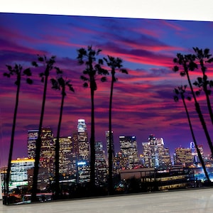Downtown LA Night Los Angeles Sunset Skyline California, Night Light, Los Angeles Wall Art, Skyscrapers Skyline, City Image, Palm Trees