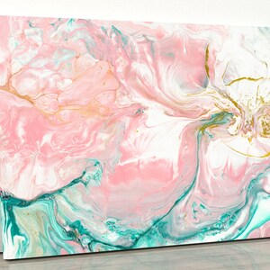 May include: Abstract painting with pink, white, and teal swirls and gold accents.