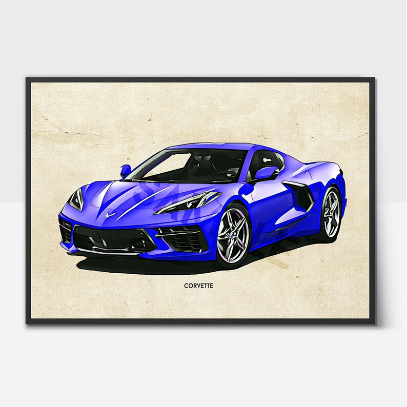 Digital File Gallery Artwork Premium Posters Prints Great Gifts Idea Print Download Chevrolet Corvette Blue Car Sketch Printable Wall Art