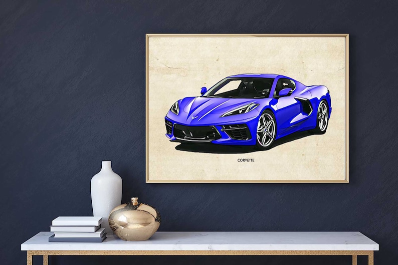 Digital File Gallery Artwork Premium Posters Prints Great Gifts Idea Print Download Chevrolet Corvette Blue Car Sketch Printable Wall Art