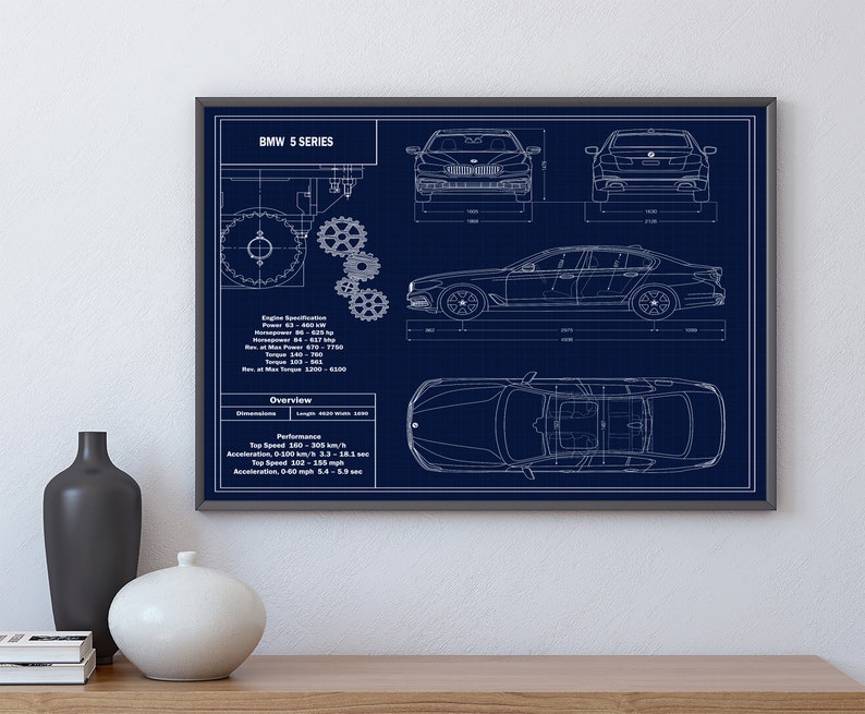Digital File Gallery Car Lover Gift For Him Printable Artwork High Quality Prints BMW 5 Series Blueprint Wall Art Print Download