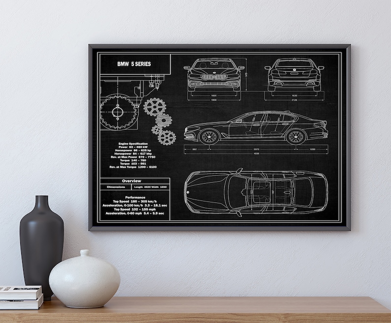 Digital File Gallery Car Lover Gift For Him Printable Artwork High Quality Prints BMW 5 Series Blueprint Wall Art Print Download