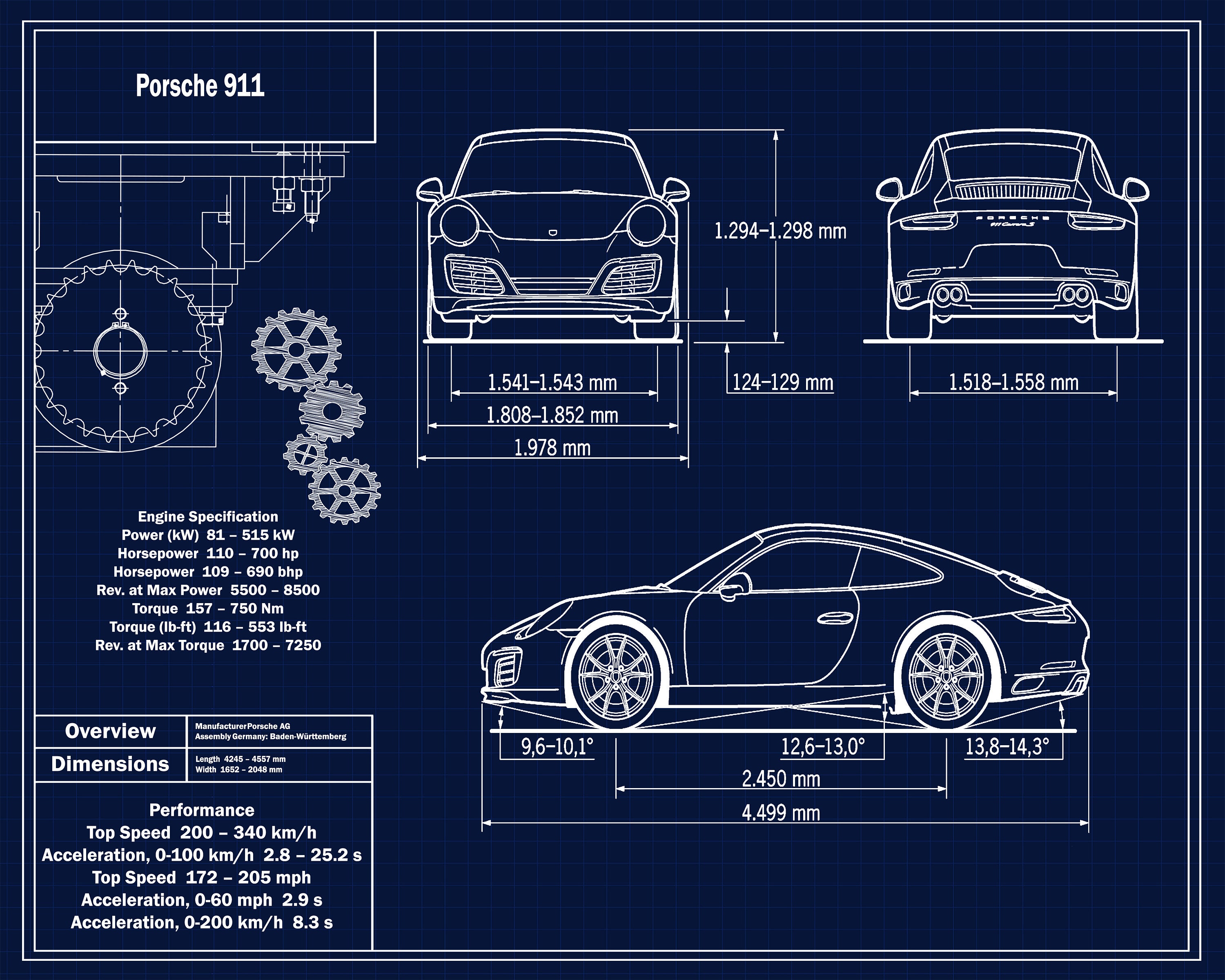 Porsche 911 Blueprint Wall Art Print Download Digital File | Etsy