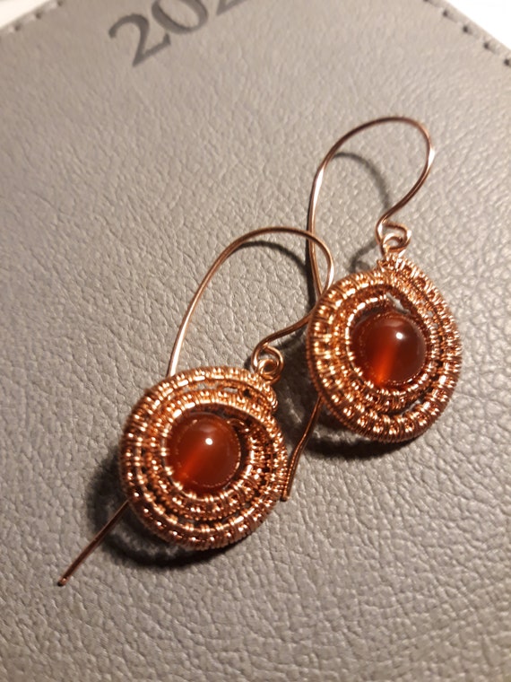 Copper Wire Jewellery Gift Made in UK Handmade Jewellery Natural Deep red Carnelian and copper wire wrapped Earrings Natural stone
