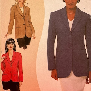 May include: A sewing pattern featuring illustrations of blazers in brown, blue, and red. The pattern includes the text "FITRules!" at the bottom. The blazers have classic lapels, pockets, and button closures, suitable for various fabrics.