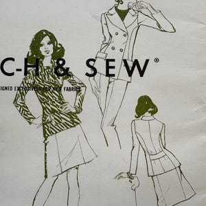 May include: A sewing pattern envelope cover featuring black line illustrations of three outfits. The text reads C-H & SEW, DESIGNED EXCLUSIVELY FOR KNIT FABRICS, and 2-34-36-38-40. The drawings depict a jacket with a skirt, a double-breasted blazer with a cap, and a jacket with a skirt shown from the back.