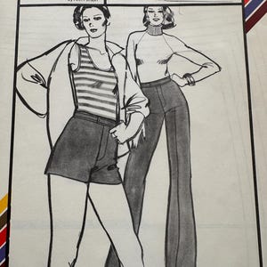 May include: A vintage Stretch & Sew pattern envelope 713 for contour pants, designed for knit fabrics by Ann Person. The front features a black and white illustration of two figures wearing shorts and flared pants, with hip sizes 32 through 44 listed.