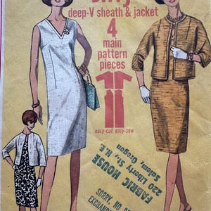 May include: Vintage Jiffy sewing pattern featuring a deep-V sheath dress and jacket. The pattern includes four main pieces and is labeled "easy-cut easy-sew." The image shows illustrations of the finished garments, with a retro aesthetic. The Fabric House, Salem, Oregon.