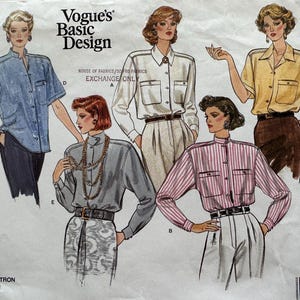 May include: A sewing pattern for a shirt with four different styles. The pattern is called "Vogue's Basic Design" and the pattern number is 1813. The pattern shows four different women wearing the shirt in different colors and styles.