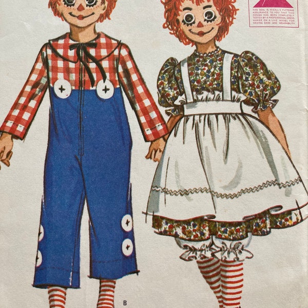 1960s McCall's 7223 Girls' and Boys' Raggedy Ann and Raggedy Andy Costumes Size Small 2-4 Vintage Sewing Pattern