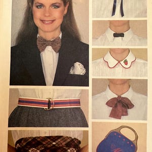May include: A vintage fashion spread featuring a woman in a blazer and bow tie, plus close-ups of various collars, belts, and a small blue handbag. The bow ties and collars are in various colors and patterns. The belts have striped designs.