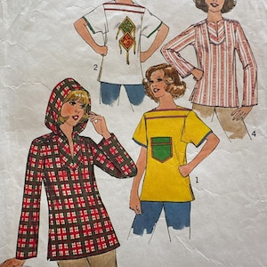 May include: Vintage sewing pattern featuring four different top designs. The tops include a yellow t-shirt with a green pocket, a white t-shirt with a geometric design, a red and white striped top, and a red plaid hooded tunic.