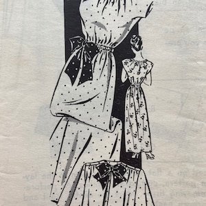 May include: A vintage sewing pattern for a dress and jacket with a polka dot design. The pattern includes instructions for making a dress with a gathered neckline and a jacket with a bow at the neckline.