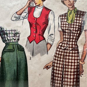 May include: Two women's fashion illustrations from a vintage sewing pattern. The woman on the left is wearing a red vest with a white blouse and a green skirt. The woman on the right is wearing a brown and white plaid vest with a white blouse and a brown and white plaid skirt. The pattern number is 3.