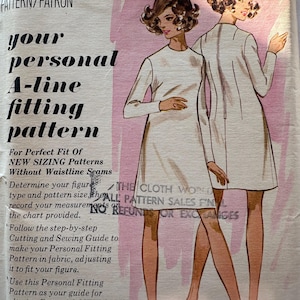 May include: A vintage sewing pattern for a simple A-line dress. The pattern is size 14 and includes instructions for a personal fitting. The pattern is for new sizing patterns without waistline seams. The text on the pattern reads "your personal A-line fitting pattern".