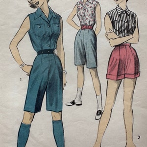May include: Vintage fashion illustration featuring three women in stylish shorts outfits. The outfits include a blue jumpsuit, a floral top with shorts, and a striped shirt with shorts. Each outfit is accessorized with belts and shoes, showcasing a retro aesthetic.