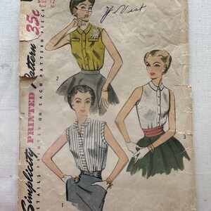 May include: Vintage Simplicity sewing pattern 4238 for a sleeveless blouse. The pattern is printed on a white paper with a black border and includes three different styles of blouses. The pattern is for size 12, bust 30 inches.