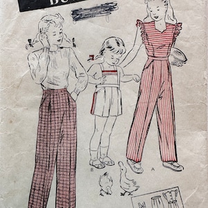 May include: Vintage Butterick sewing pattern featuring illustrations of three children's outfits. The outfits include a pair of plaid pants, a striped romper, and a striped jumpsuit. The pattern is marked with the price of 25 cents.