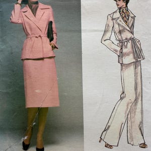 May include: A sewing pattern envelope for a Pierre Balmain suit featuring a pink jacket with a tie belt and a matching knee-length skirt, alongside a sketch of a jacket and wide-leg trousers. The pattern is labeled with the number 1601.