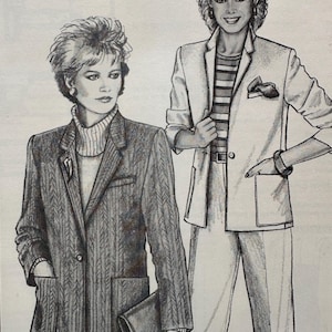 May include: A black and white pencil sketch illustration of two outfits. One outfit features a textured blazer with a turtleneck sweater and a skirt. The second outfit consists of a blazer worn over a striped shirt with trousers and a pocket square.