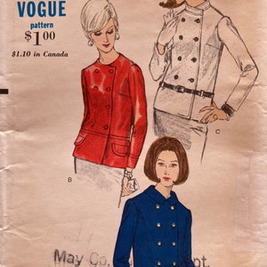 May include: A vintage sewing pattern for a double-breasted jacket with a collar. The pattern is for sizes 12, 32, and 34. The pattern is from Vogue and costs $1.00. The pattern is available for $1.10 in Canada.