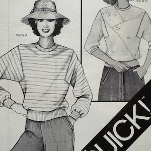 May include: A black and white sewing pattern illustration titled MAKE IT IN MINUTES and QUICK! featuring two garment views. View A shows a striped long-sleeve pullover with a hat. View B shows a wrap-style top with a ribbed waistband and skirt.