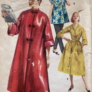 1950s Simplicity 7063 Misses&#39; Housecoat and Robe with Mandarin Collar Size 14 Bust 32 Vintage Sewing Pattern